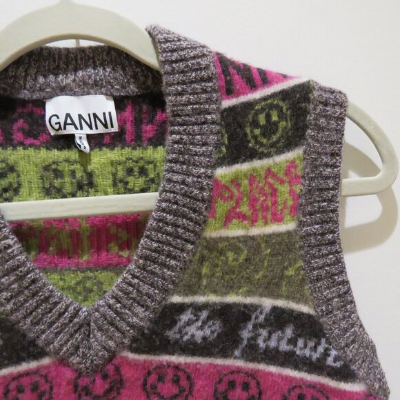 GANNI Smiley Face Space Wool Blend Knit Sweater Vest Grandma Academia Fall - Picture 4 of 13